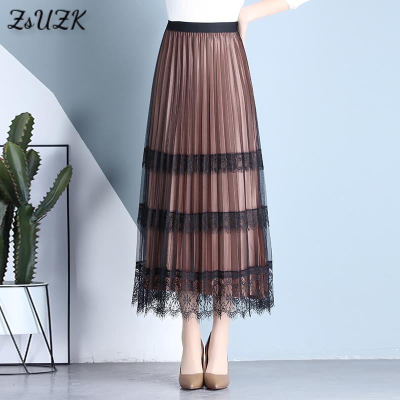 Both Sides Wear Lace Hem Mesh Pleated Skirt For Wo..